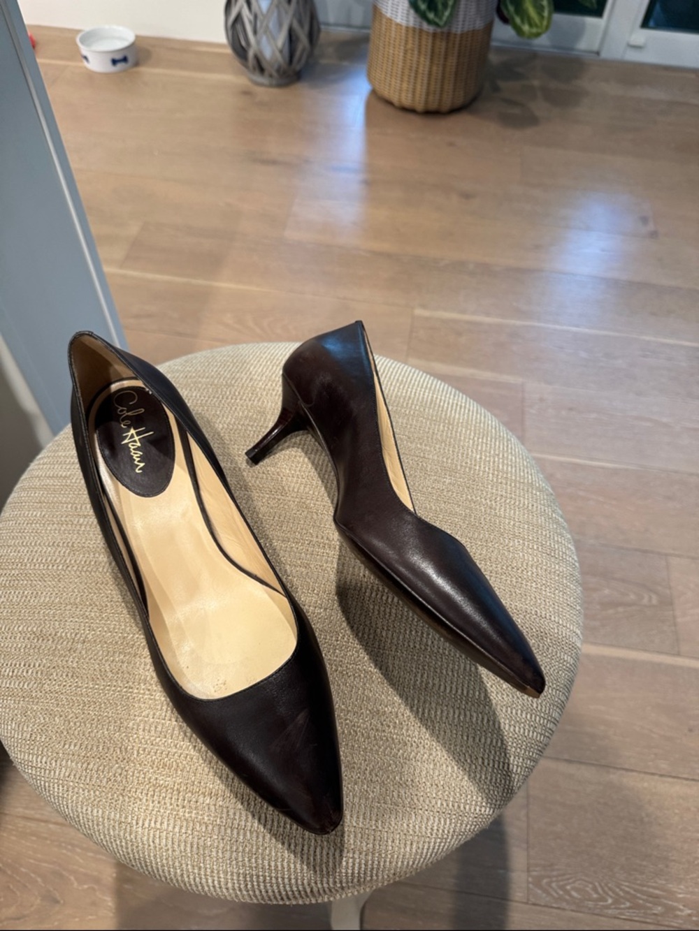 Cole Haan Dark Brown Leather Pointed padded Toe Kitten Heels